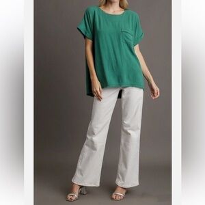 Umgee Teal Linen Rayon Short Sleeve Folded Low High Hem‎ Tunic Top
